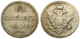 Russia 10 Kopecks 1804 СПБ-ФГ St. Petersburg. Alexander I (1801-1825). Averse: Crowned double imperial eagle. Reverse: Value; date. Silver. Edge cordl...