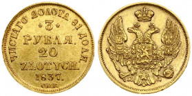 Russia 3 Roubles - 20 Zlotych 1837 СПБ-ПД St. Petersburg. Nicholas I (1826-1855). Averse: Shield within wreath on breast; 3 shields in wings. Reverse:...