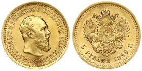 Russia 5 Roubles 1889 (АГ) St. Petersburg. Alexander III (1881-1894). Averse: Head right. Reverse: Crowned double imperial eagle ribbons on crown. Gol...
