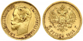 Russia 5 Roubles 1901 (ФЗ) St. Petersburg. Nicholas II (1894-1917). Averse: Head right. Reverse: Crowned double imperial eagle ribbons on crown. Gold....