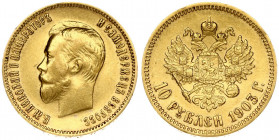 Russia 10 Roubles 1903 (АР) St. Petersburg. Nicholas II (1894-1917). Averse: Head right. Reverse: Crowned double imperial eagle ribbons on crown. Gold...