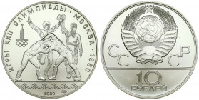 Russia USSR 10 Roubles 1980(L) 1980 Olympics. Averse: National arms divide CCCP with value below. Reverse: Wrestlers. Silver. Y 183