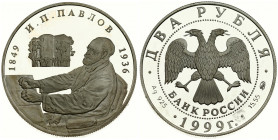Russia 2 Roubles 1999 (M) I P Pavlov. Averse: Double-headed eagle. Reverse: Seated figure left and silence tower. Silver. Y 655