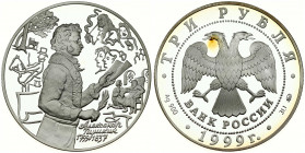 Russia 3 Roubles 1999 200th Birthday - A S Pushkin. Averse: Double-headed eagle. Reverse: Standing 1/2 length figure right. Silver. Y 637