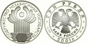 Russia 3 Roubles 2001 10th Anniversary - Commonwealth of Independent States. Averse: Double-headed eagle. Reverse: Hologram below logo. Silver. Y 737