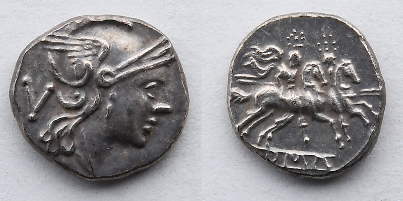ROMAN REPUBLIC: Anonymous AR Quinarius, 211-208 BC ( 17mm, 1.9g). Obverse: Helme...