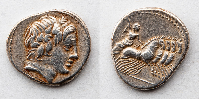 ROMAN REPUBLIC: Anonymous, Silver Denarius, 85 BC, 3.4g. Obverse: Laureate head ...