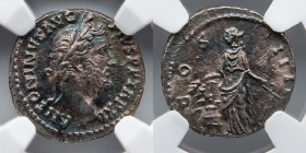 ROMAN EMPIRE: Antoninus Pius, AR Denarius, AD 138-161 (3.13g), NGC Choice AU, 5/5, 2/5, Annona with Grain Ears, Anchor, Modius, Rainbow Toning, NGC #5...