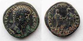 ROMAN EMPIRE: Lucius Verus, Orichalcum Sestertius, 161-169 AD (32 mm, 25.35g), Marcus Aurelius and Lucius Verus Clasping Hands