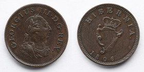 IRELAND: 1806 Copper Farthing, George III, Reeded or Grailed Edge, .4g