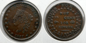 HARD TIMES TOKEN: 1837, Millions for Defence, Not One Cent for Tribute, HT52