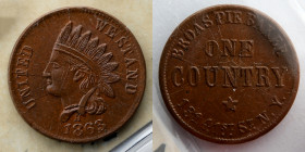 CIVIL WAR TOKEN: 1863 Broas Bros, New York, NY, Indian Head and One Country Dies, Die Breaks on Both Sides, NY 630m-G.AO
