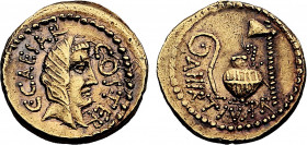ROMAN REPUBLIC. Julius Caesar (49-44 BC). Aureus (46 BC) (Rome mint) (Gold, 8.15 gr, 20 mm) Calico 36V, Crawford 466/1. Extremely Fine, nicely toned, ...