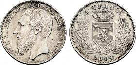 Belgian Congo, Leopold II (1865-1909), 2 Francs 1894 (Silver, 9.93 gr, 27 mm) KM 7. Extremely Fine.