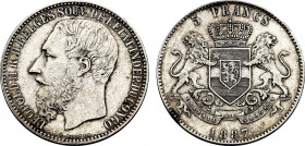 Belgian Congo, Leopold II (1865-1909), 5 Francs 1887 (Silver, 25.00 gr, 37 mm) KM 8.1. Extremely Fine.
A nice african crown with problem free surfaces...