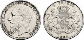 Belgian Congo, Leopold II (1865-1909), 5 Francs 1891 (Silver, 24.84 gr, 37 mm) KM 8.1. Extremely Fine, obverse hairlines.