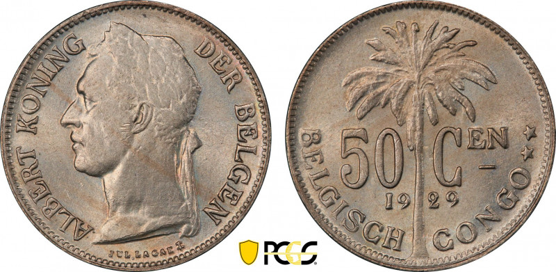 Belgian Congo, Albert I (1909-1934), 50 Centimes 1929 (Copper-Nickel, 6.50 gr, 2...