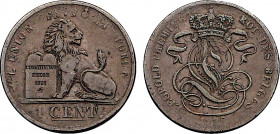 Belgium, Leopold I (1831-1865), 1 Centime 1835 over 1832 on a 1/2 Cent from Netherlands (Copper, 1.74 gr, 16 mm) Bogaert 136C, KM 1.1. Extremely Fine.