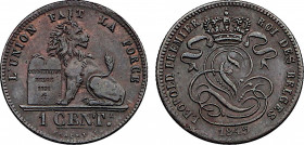 Belgium, Leopold I (1831-1865), 1 Centime 1845 (Copper, 1.97 gr, 16 mm) Dupriez 223, KM 1.2. About Uncirculated.