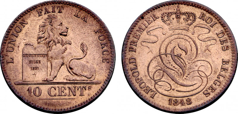 Belgium, Leopold I (1831-1865), 10 Centimes 1848 over 1838 (Copper, 19.45 gr, 32...