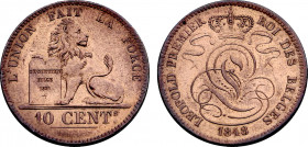 Belgium, Leopold I (1831-1865), 10 Centimes 1848 over 1838 (Copper, 19.45 gr, 32 mm) Dupriez 386, KM 2. Extremely Fine.