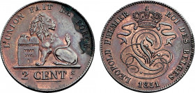 Belgium, Leopold I (1831-1865), 2 Centimes 1851 (Copper, 4.11 gr, 22 mm) Dupriez 518, KM 4. Extremely Fine.