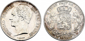 Belgium, Leopold I (1831-1865), 2-1/2 Francs 1848 (Silver, 12.47 gr, 30 mm) Dupriez 382, KM 11. Extremely Fine.