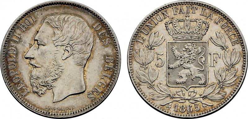 Belgium, Leopold II (1865-1909), 5 Francs 1865 (Silver, 25.00 gr, 37 mm) KM 24. ...