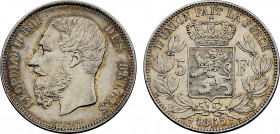 Belgium, Leopold II (1865-1909), 5 Francs 1865 (Silver, 25.00 gr, 37 mm) KM 24. Extremely Fine.
