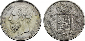 Belgium, Leopold II (1865-1909), 5 Francs 1866 (Silver, 24.84 gr, 37 mm) KM 24. Very Fine. Rare variety without the dot after F