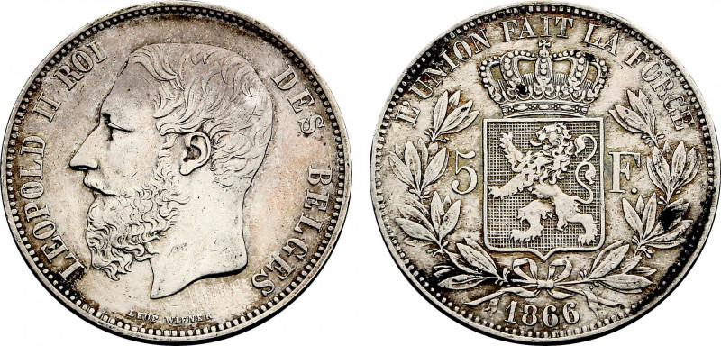 Belgium, Leopold II (1865-1909), 5 Francs 1866 (Silver, 24.83 gr, 37 mm) KM 24. ...