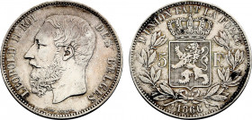 Belgium, Leopold II (1865-1909), 5 Francs 1866 (Silver, 24.83 gr, 37 mm) KM 24. Very Fine.
