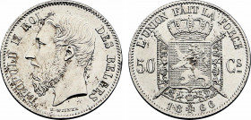 Belgium, Leopold II (1865-1909), 50 Centimes 1866 (Silver, 2.51 gr, 18 mm) KM 26. About Uncirculated.