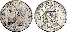 Belgium, Leopold II (1865-1909), 50 Centimes 1881 over 1861 (Silver, 2.46 gr, 18 mm) Dupriez 1227, KM 26. Uncirculated.
Jean Elsen & ses Fils S.A., Li...