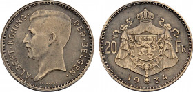 Belgium, Albert I (1909-1934), Bronze essai 20 Francs 1934 (Bronze, 9.11 gr, 28 mm) Dupriez 2513. Extremely Fine.