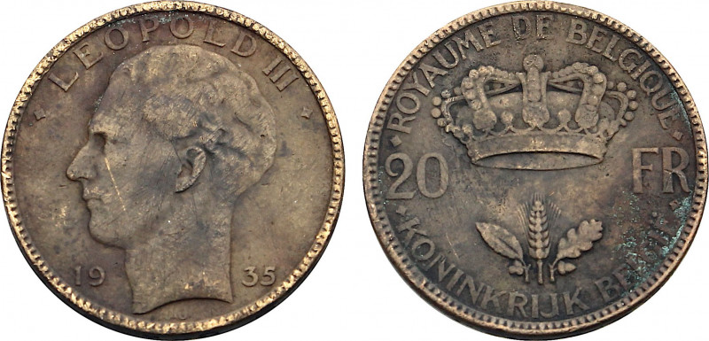 Belgium, Leopold III (1934-1951), Bronze essai 20 Francs 1935 (Bronze, 11.08 gr,...