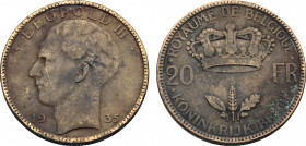 Belgium, Leopold III (1934-1951), Bronze essai 20 Francs 1935 (Bronze, 11.08 gr, 28 mm) Dupriez 2561. Very Fine.