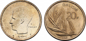 Belgium, Baudouin I (1951-1993), Bronze essai 20 Frank 1980, Elström (Bronze, 8.52 gr, 26 mm) Grispen 3554. Uncirculated. Ornated edge with PROEF.