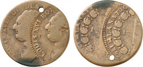 France, Louis XVI (1774-1793), Mint Error 12 Deniers 1792 / An 4 A (Paris) (Bronze, 10.11 gr, 31 mm) Ciani 2253, Duplessy 1723, Gadoury 15. Fine, hole...