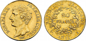France, Napoleon Bonaparte (1799-1804), 20 Francs An 12 A (Paris) (Gold, 6.45 gr, 21 mm) Gadoury 1020, Le Franc 510, KM 651. Extremely Fine.