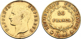 France, Napoleon I (1804-1814), 20 Francs 1806 A (Paris mint) (Gold, 6.42 gr, 21 mm) Gadoury 1023, Le Franc 513, KM 674.1. Very Fine.