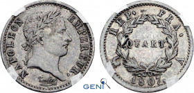 France, Napoleon I (1804-1814), 1/4 Franc 1807 A (Paris mint) (Silver, 1.27 gr, 15 mm) Gadoury 348, Le Franc 160, KM 677. GENI XF40