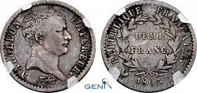 France, Napoleon I (1804-1814), 1/2 Franc 1807 A (Paris mint) (Silver, 2.40 gr, 18 mm) Gadoury 397, Le Franc 176, KM 679. GENI F12