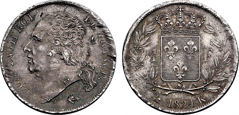 France, Louis XVIII (1814-1815), 1 Franc 1824 K (Bordeaux) (Silver, 5.00 gr, 23 ...
