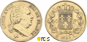 France, Louis XVIII (1815-1824), 40 Francs 1822 H (La Rochelle) (Gold, 12.90 gr, 26 mm) Gadoury 1092, Le Franc 542, KM 713.3. PCGS XF45. Rare date. Mi...