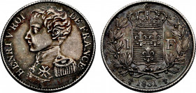 France, Henri V (1820-1883), 1 Franc 1831 (Brussels mint) (Silver, 4.98 gr, 23 mm) Mazard 911, KM X 28.2. About Uncirculated, traces of old cleaning.