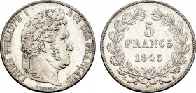 France, Louis-Philippe I (1830-1848), 5 Francs 1845 A (Paris) (Silver, 25.02 gr, 37 mm) Gadoury 678a, Le Franc 325, KM 749.1. Uncirculated, traces of ...