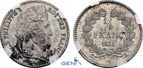 France, Louis-Philippe I (1830-1848), 1/4 Franc 1831 A (Paris mint) (Silver, 1.21 gr, 15 mm) Gadoury 355, Le Franc 166, KM 740.1. GENI MS62