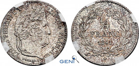France, Louis-Philippe I (1830-1848), 1/4 Franc 1841 W (Lille mint) (Silver, 1.14 gr, 15 mm) Gadoury 355, Le Franc 166, KM 740.13. GENI MS62