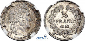 France, Louis-Philippe I (1830-1848), 1/4 Franc 1843 W (Lille mint) (Silver, 1.25 gr, 15 mm) Gadoury 355, Le Franc 166, KM 740.13. GENI MS63